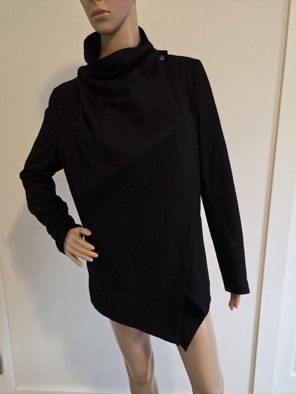 Bardot Black Asymmetric Cowl-Neck Wrap Jacket Wool Blend